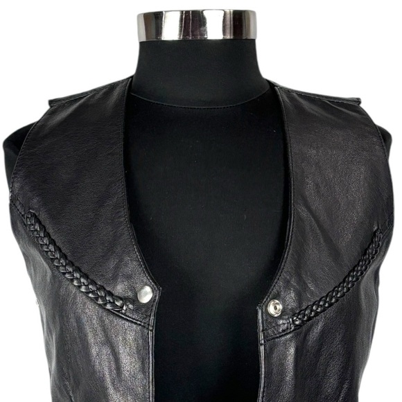 VINTAGE BLACK LEATHER VINTAGE CONCHO LACE UP SIDE BRAID WESTERN SNAP VEST HUDSON - Picture 9 of 14